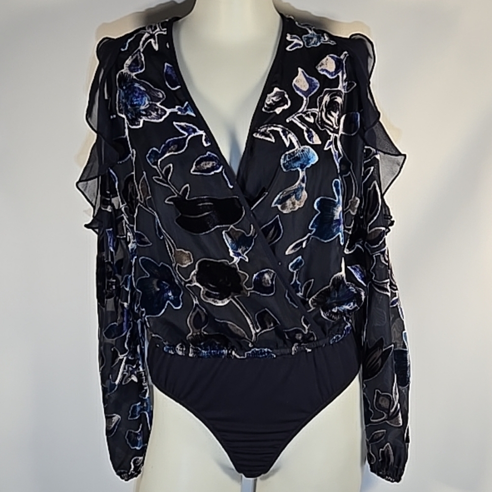 Black and Blue Ruffled Wrap Bodysuit with Flutter Sleeves